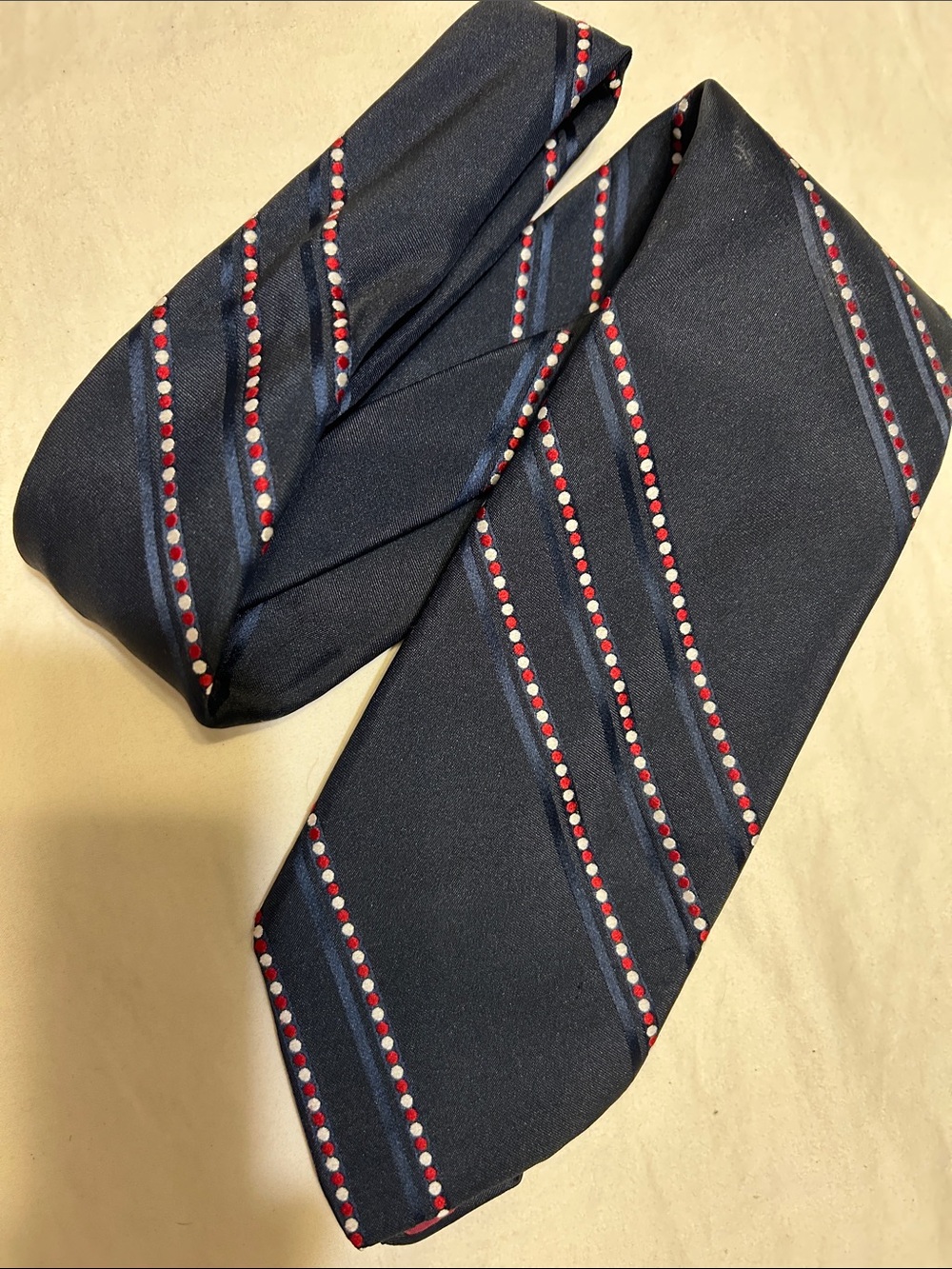 Givenchy Navy Silk Tie with Red and White Dot Stripe